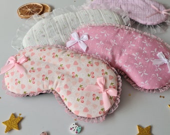 Coquette Pink Cherry sleep mask, Cute Bows Girly style eye pillow, Ribbon Ruffles travel mask, Cottagecore gingham spa mask, gift for her