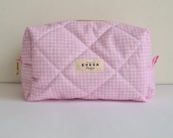 Pink Quilted Makeup & Carry All bag, Cute Gingham Cottagecore Aesthetic, Cosmetic Toiletry Travel Bag for Women, Gift for Mom, Sustainable