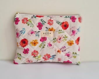 Linen floral  Quilted Zipper Pouch, Cute Cottagecore Aesthetic, Cosmetic Toiletry Travel Bag, Carry All Bag, Gift for Her, Sustainable