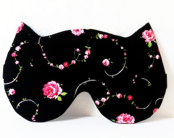 Cat sleep mask - Black Rose Floral Organic night eye mask - Soft travel sleep mask - Cute kitty eye pillow - Spa party mask - Party favor
