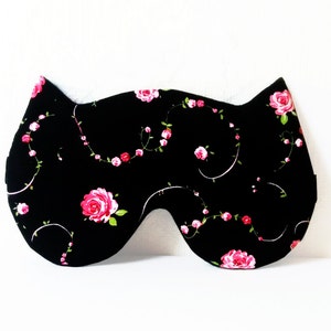 Cat sleep mask - Black Rose Floral Organic night eye mask - Soft travel sleep mask - Cute kitty eye pillow - Spa party mask - Party favor