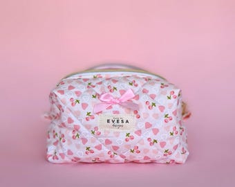 Mini Pink Quilted Makeup Bag, Cute Cottagecore Aesthetic Carry All Bag, Cosmetic Toiletry Travel Bag for Women, Gift for her, Sustainable