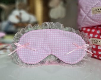 Pink Bows sleep mask, Cute Gingham Girly Coquette style eye pillow, Soft Ruffles travel mask , Cottagecore checked spa gift for her