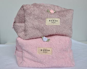 Towel Makeup & Carry All bag, Cute Pink Brown Fall Cottagecore Aesthetic, Cosmetic Toiletry Travel Bag for Women, Gift for Mom