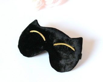 Masque de sommeil de chat noir - Masque pour les yeux de chaton mignon - Cadeau pyjama - Masque de voyage - Bandeau doux de chaton noir aux yeux dorés