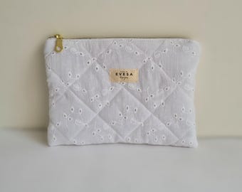 White  Quilted Zipper Pouch, embroidered Cute Cottagecore Aesthetic, Cosmetic Toiletry Travel Bag, Carry All Bag, Gift for Her, Sustainable