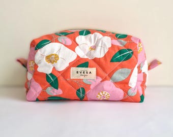 Pink Quilted Makeup & Carry All bag, Cute Flower Cottagecore Aesthetic, Cosmetic Toiletry Travel Bag for Women, Gift for Mom, Sustainable