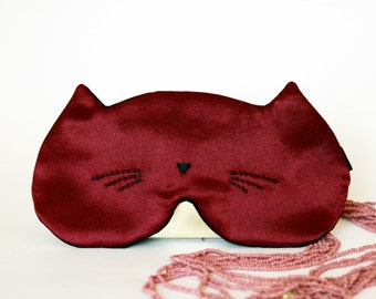 Many Colors Satin Cat Eye sleep mask - Embroidery Cute kitty blindfold - Party favor - Travel mask - Red eye pillow - Slumber PJ party mask