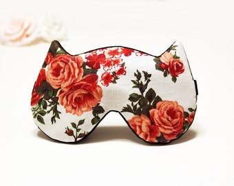 Floral Cat Sleep Mask – Organic Cotton Travel Blindfold – Soft Kitty Eye Cover