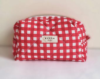 Red Gingham Quilted Makeup & Carry All bag, Cute Cottagecore Aesthetic, Cosmetic Toiletry Travel Bag for Women, Gift for Mom, Sustainable