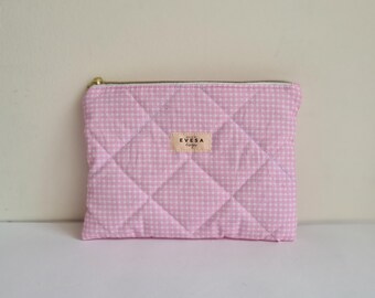 Pink Quilted Zipper Travel Pouch, Cute Gingham Aesthetic, Cosmetic Toiletry Travel Bag, Carry All Bag, Gift for Her, Sustainable