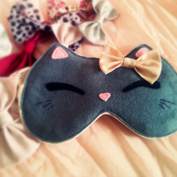 Cat eye sleep mask - Cute kawaii kitty sleep mask - Plush cat - Pink bow cat soft eye pillow - Natural SUPER SOFT kids adults eye mask