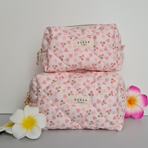 Quilted Makeup Bag & Carry All bag, Pink Peach Coquette Aesthetic, Cosmetic Toiletry Travel bag, Gift for Her, Cherry Organic zipper pouch