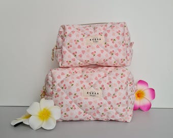 Quilted Makeup Bag & Carry All bag, Pink Peach Coquette Aesthetic, Cosmetic Toiletry Travel bag, Gift for Her, Cherry Organic zipper pouch