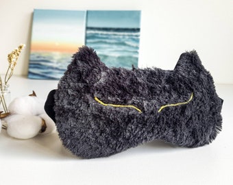 Furry Cat sleep mask - Cute cat mask - Black Fluffy Fur kitty eye mask - Embroidery party favour - Travel mask - fluffy blindfold