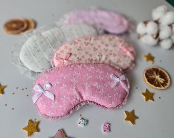 Pink Bows sleep mask, Cute Gingham Girly Coquette style eye pillow, Soft Ruffles travel mask, Cottagecore checked spa, gift for her