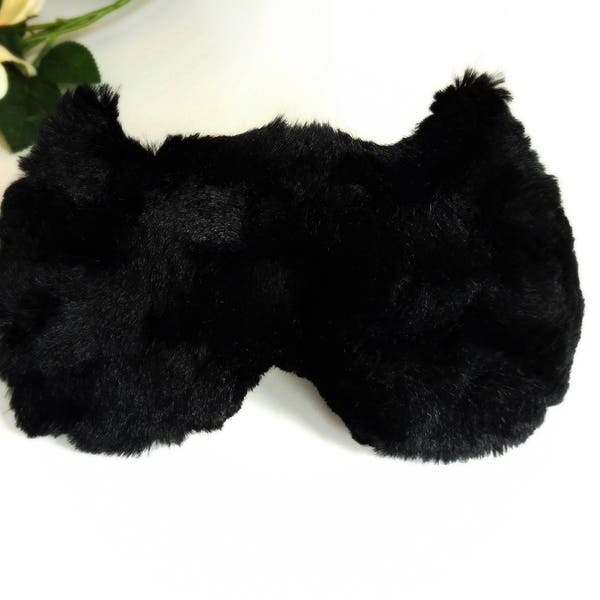 Furry Cat sleep mask - Black Cute Fluffy kitty eye mask - Pj party favor - Travel mask - fluffy blindfold - Slumber party black eye mask