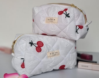 Cherry Quilted Makeup & Carry All bag, White Embroidery Coquette Aesthetic, Cosmetic Toiletry Travel bag, Gift for Her, Organic Cotton