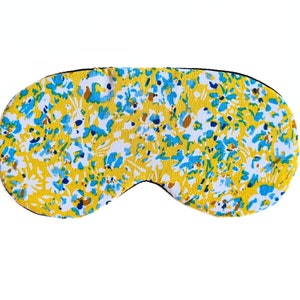 Luxurious Eye Sleep Mask, Scrunchie, and Eye Pillow Set / Summer Sunshine yellow Floral pattern for Better sleep eye mask and hair tie Slim eye mask