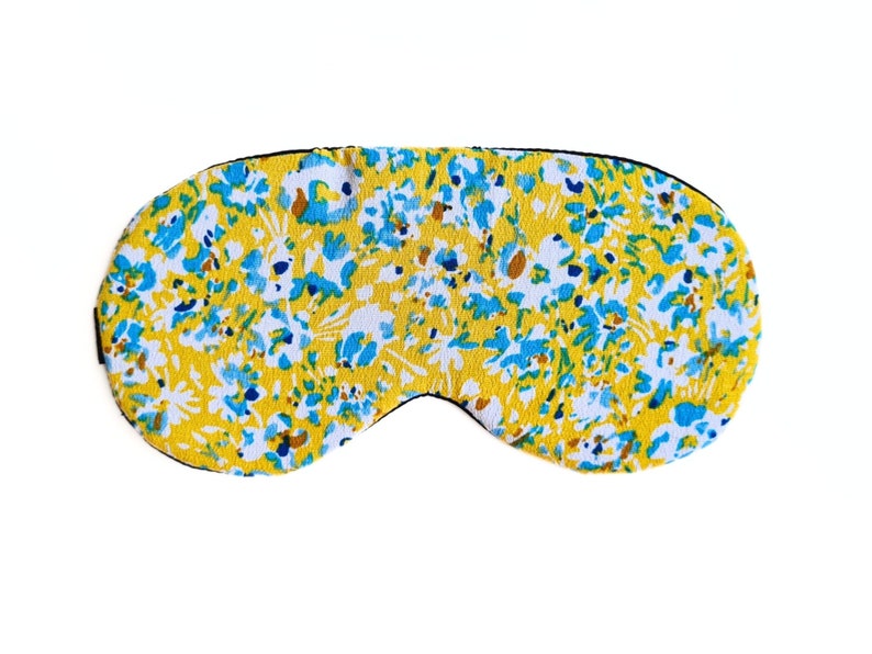 Luxurious Eye Sleep Mask, Scrunchie, and Eye Pillow Set / Summer Sunshine yellow Floral pattern for Better sleep eye mask and hair tie Slim eye mask