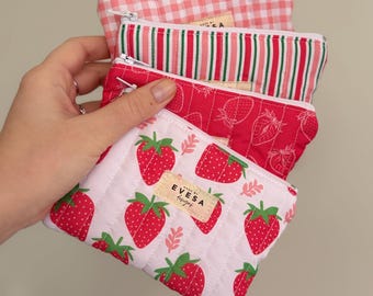 Strawberry Mini Pouch wallet, Cute Quilted Coin key bag, Small card holder, Cosmetic Lipstic bag Many Colors Gift for Her