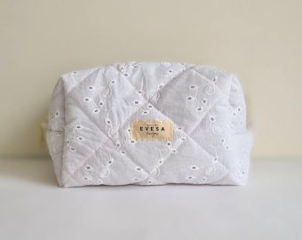 White Quilted Makeup & Carry All bag, Cute Girly Cottagecore Aesthetic, Embroidered Toiletry Travel Bag for Women, Gift for Mom, Sustainable