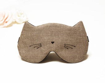 Linen Cat sleep mask - Organic cat night eye mask - Soft travel sleep mask - Cute embroidery kitty eye pillow - spa Party favor - Pj mask