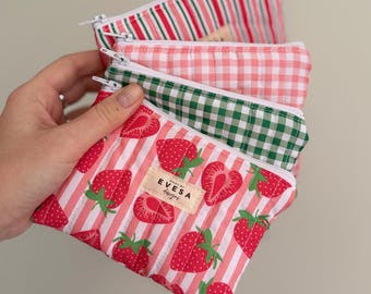 Cute Strawberry Mini Pouch wallet, Quilted Coin key bag, Small card holder, Cosmetic Lipstick bag Many Colors Gift for Her