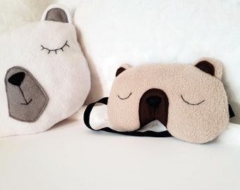 Teddy Bear - Bear eye sleep mask - Animal mask - White Plush soft eye pillow - Fleece kids  - Gift set with baby boy nursery pillow