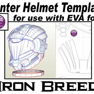 Puede incluir: Una plantilla de dibujo de línea en blanco y negro para un casco de cazador, etiquetada como "Hunter Helmet Template for use with EVA foam" y "IRON BREED".