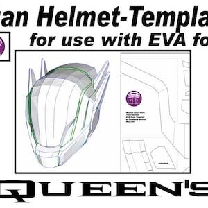 May include: A printable template for a Titan helmet, for use with EVA foam. The template shows the helmet's front and side views, with lines indicating where to cut and fold the foam.
