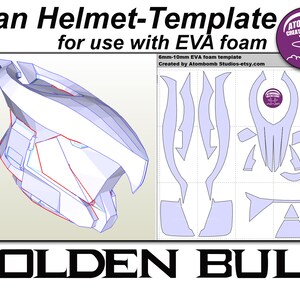 Puede incluir: Una plantilla para un casco Titan, diseñada para usar con espuma EVA de 6 mm a 10 mm. La plantilla está impresa en un fondo blanco con líneas azules. El casco se muestra en una vista 3D, con las vistas frontal, lateral y superior del casco mostradas en secciones separadas. La plantilla está etiquetada como "GOLDEN BULL".