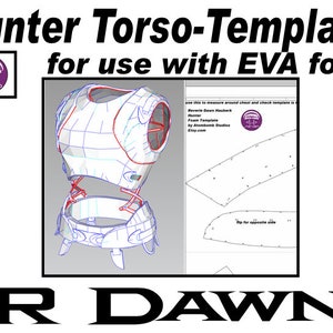 Puede incluir: Una plantilla digital para un torso de cazador, diseñada para usar con espuma EVA. La plantilla incluye un modelo 3D del torso y un patrón plano para cortar las piezas de espuma. El texto "Reverie Dawn Rauberk Hunter Foam Template by AtomBomb Studios Etsy.com" es visible en la imagen.