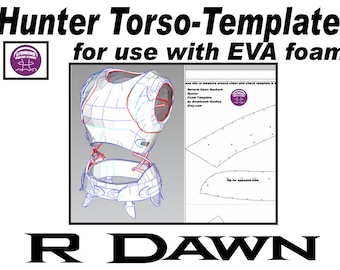 Puede incluir: Una plantilla digital para un torso de cazador, diseñada para usar con espuma EVA. La plantilla incluye un modelo 3D del torso y un patrón plano para cortar las piezas de espuma. El texto "Reverie Dawn Rauberk Hunter Foam Template by AtomBomb Studios Etsy.com" es visible en la imagen.