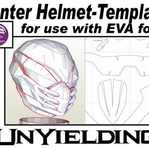 May include: A printable template for a hunter helmet, designed for use with EVA foam. The template includes a 3D model of the helmet and a flat pattern for cutting out the foam pieces. The text "UNYIELDING" is printed at the bottom of the image.
