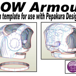 Puede incluir: Una plantilla de espuma para la armadura GOW, diseñada para usar con Pepakura Designer. La imagen muestra un modelo 3D de la armadura en dos vistas, con una pieza circular separada. El diseño presenta líneas azules y rojas sobre un fondo blanco.