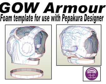 May include: A foam template for GOW Armour, designed for use with Pepakura Designer. The image shows a 3D model of the armor in two views, with a separate circular piece. The design features blue and red lines on a white background.