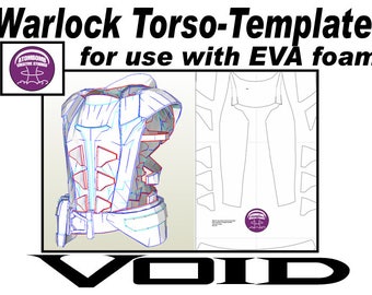 Puede incluir: Una plantilla imprimible para un disfraz de torso de mago, diseñada para usar con espuma EVA. La plantilla incluye vistas frontal y posterior del torso, con líneas y marcas detalladas para cortar y ensamblar el disfraz.
