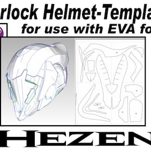 Puede incluir: Una plantilla imprimible para un casco de brujo, diseñada para usar con espuma EVA. La plantilla incluye varias piezas que se pueden cortar y ensamblar para crear un casco. La plantilla está etiquetada como "Warlock Helmet-Template for use with EVA foam" y "HEZEN".