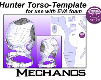 Puede incluir: Una plantilla imprimible para un disfraz de torso de cazador, diseñada para usar con espuma EVA. La plantilla está impresa en un fondo blanco con líneas azules. La plantilla incluye una vista frontal y posterior del torso, así como una vista lateral. La plantilla está etiquetada como "Hunter Torso-Template for use with EVA foam" y "MECHANO'S".