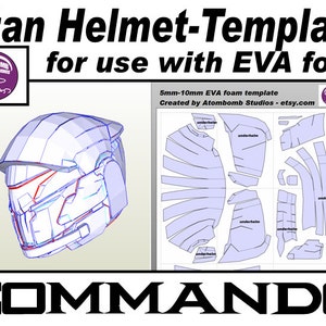 May include: A template for a Titan helmet, designed for use with 5mm-10mm EVA foam. The template is shown in blue on a white background. The helmet is shown in white with red and blue lines. The text "COMMANDO" is shown in black at the bottom of the image.