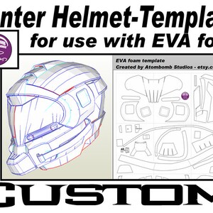 Puede incluir: Una plantilla en blanco y negro para un casco Hunter, para usar con espuma EVA. La plantilla está etiquetada como "Plantilla de espuma EVA" y "Creada por Atombomb Studios - etsy.com".