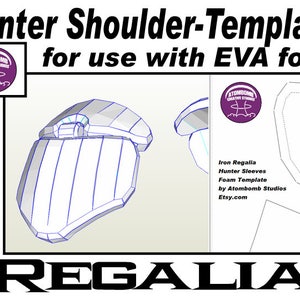 Puede incluir: Una plantilla digital para una pieza de hombro para un disfraz. La plantilla es para usar con espuma EVA. La plantilla está etiquetada como "Iron Regalia Hunter Sleeves Foam Template by Atombomb Studios Etsy.com".