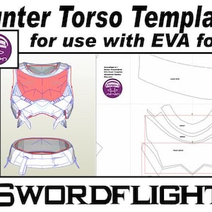 Puede incluir: Una plantilla imprimible para un disfraz de torso de cazador, diseñada para usar con espuma EVA. La plantilla incluye un diagrama detallado del torso, con líneas que indican dónde cortar y doblar la espuma. La plantilla está etiquetada como "Swordflight" e incluye el logotipo de "Atombomb Creative Studios".