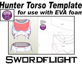 Puede incluir: Una plantilla imprimible para un disfraz de torso de cazador, diseñada para usar con espuma EVA. La plantilla incluye un diagrama detallado del torso, con líneas que indican dónde cortar y doblar la espuma. La plantilla está etiquetada como "Swordflight" e incluye el logotipo de "Atombomb Creative Studios".