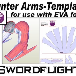 May include: A printable template for a hunter arm costume, designed for use with EVA foam. The template is labeled "Swordflight 4.1 Left Arm EVA Foam Template AtomBomb Creative Studios."