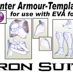 Puede incluir: Una plantilla imprimible para una armadura de cazador Iron Suit, para usar con espuma EVA. La plantilla incluye una pieza de pecho, hombreras, rodilleras y botas.