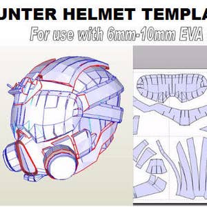 Puede incluir: Una plantilla de papelcraft 3D azul y rojo para un casco. La plantilla está etiquetada como "HUNTER HELMET TEMPLATE" y "For use with 6mm-10mm EVA foam".