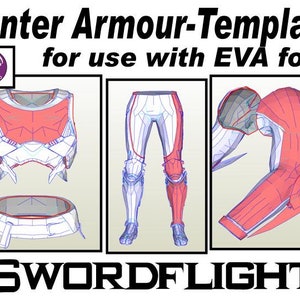 Puede incluir: Plantilla de armadura de cazador, diseñada para usar con espuma EVA. La imagen muestra diagramas detallados de piezas de armadura, incluyendo componentes de pecho, pierna y brazo. El texto "Hunter Armour-Template" y "SWORDFLIGHT" son visibles.