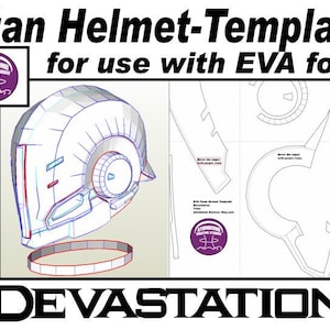 Puede incluir: Una plantilla imprimible para un casco Titan, para usar con espuma EVA. La plantilla incluye un contorno detallado del casco, con instrucciones para cortar los bordes con líneas moradas. La plantilla está etiquetada como "Devastation" e incluye el logotipo de "Atombomb Creative Studios".